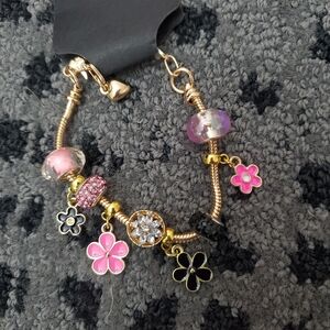 Handmade Gold Pandora Look Alike Charm Bracelet With Pink & Black Flowers
